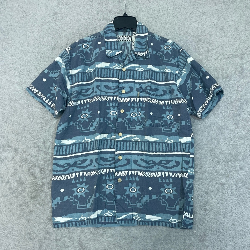 Vintage Bugle Boy Button Down Shirt Men's L Blue Ramie Tribal Aztec
